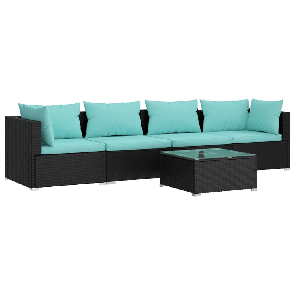 5-delige Loungeset met kussens poly rattan zwart – afbeelding 2