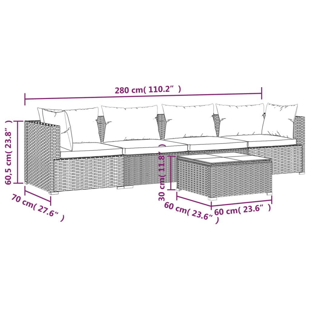 5-delige Loungeset met kussens poly rattan zwart – afbeelding 9