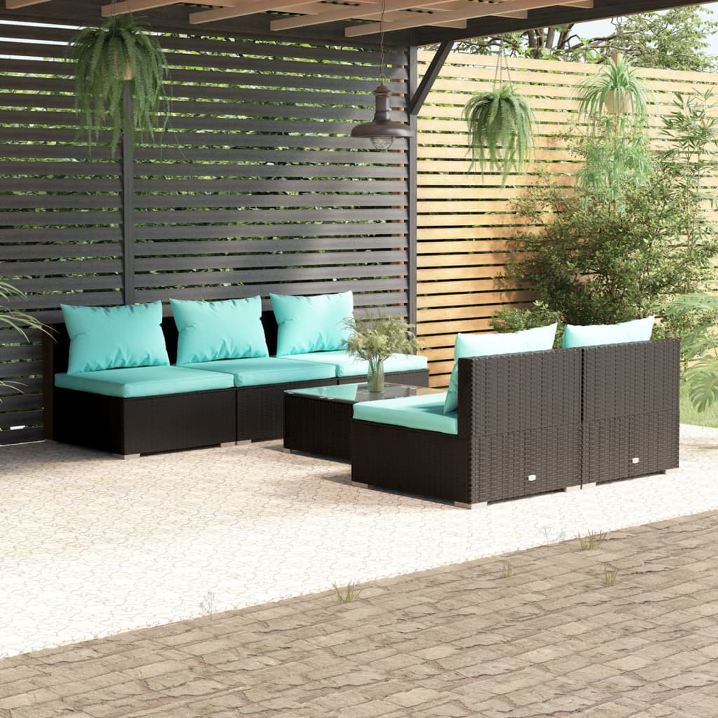 6-delige Loungeset met kussens poly rattan zwart – afbeelding 1