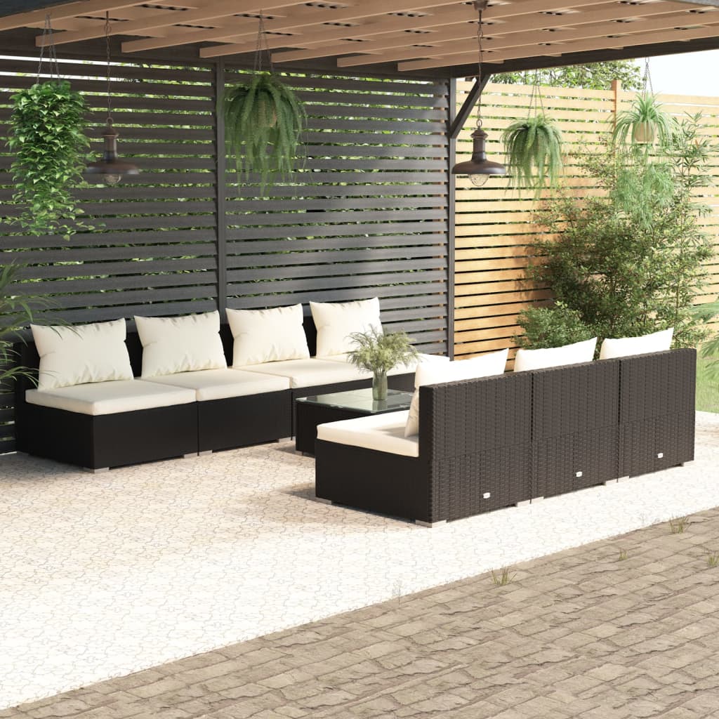 8-delige Loungeset met kussens poly rattan zwart