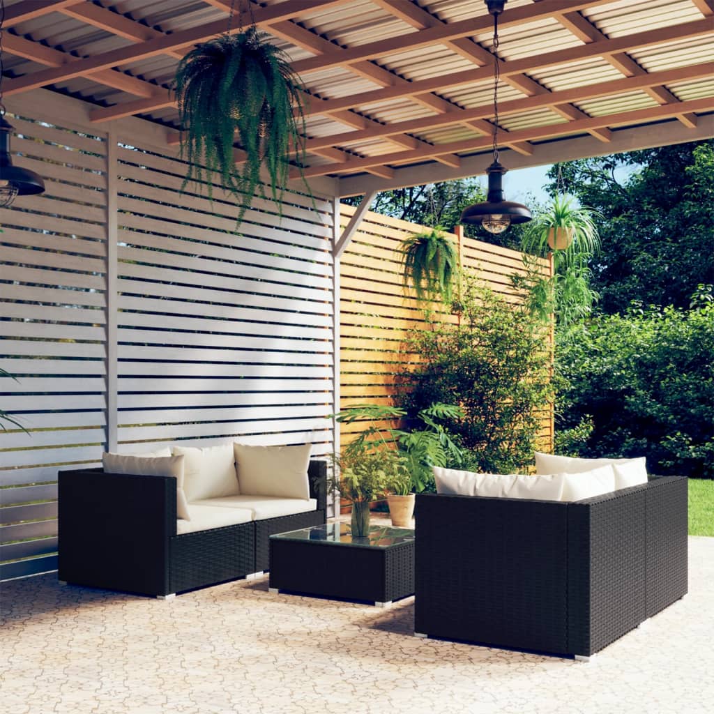 5-delige Loungeset met kussens poly rattan zwart