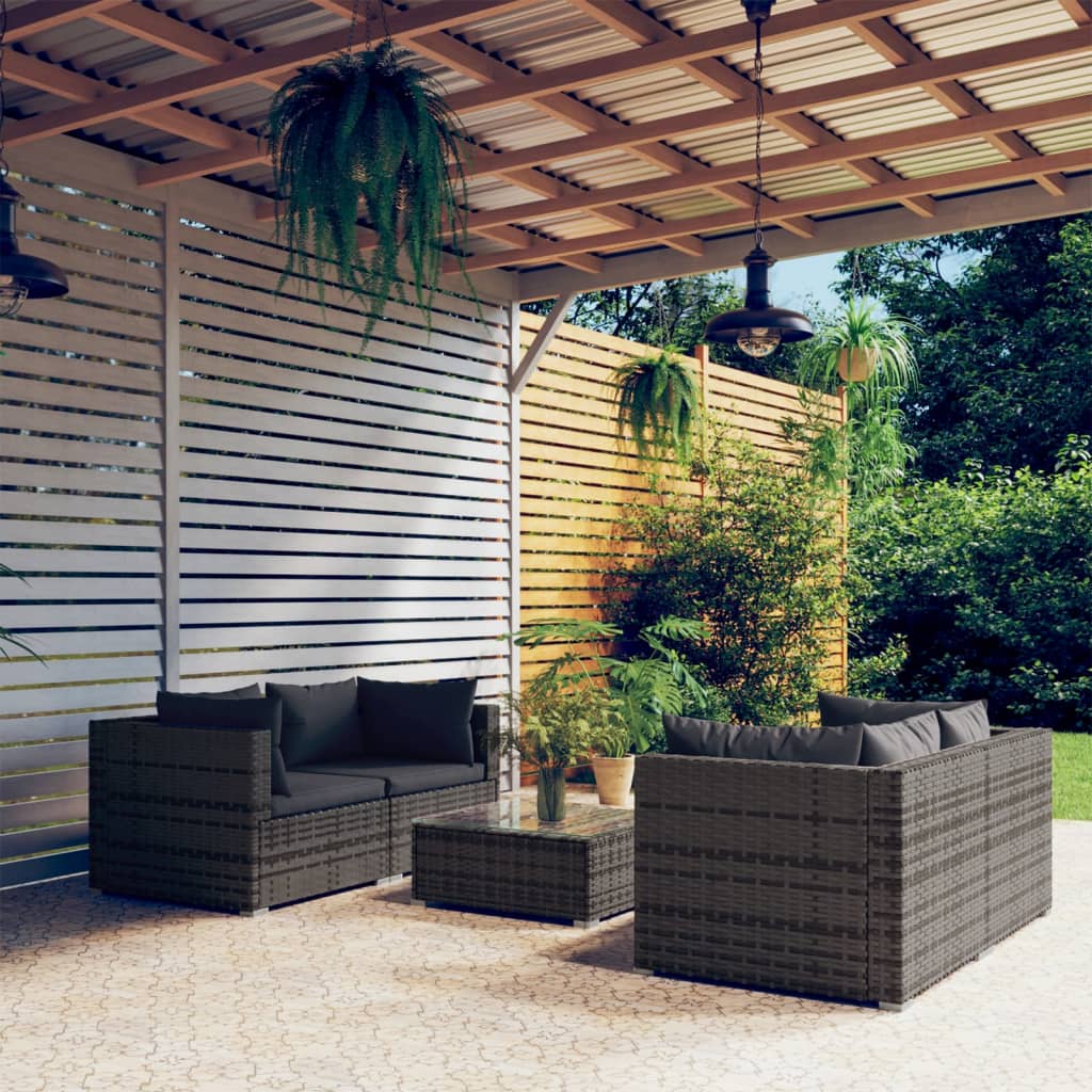 5-delige Loungeset met kussens poly rattan grijs – afbeelding 1