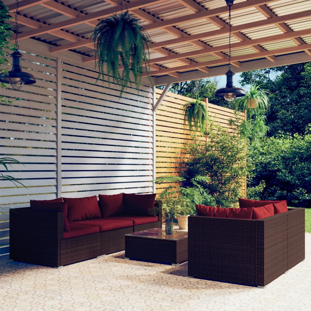 6-delige Loungeset met kussens poly rattan bruin – afbeelding 1