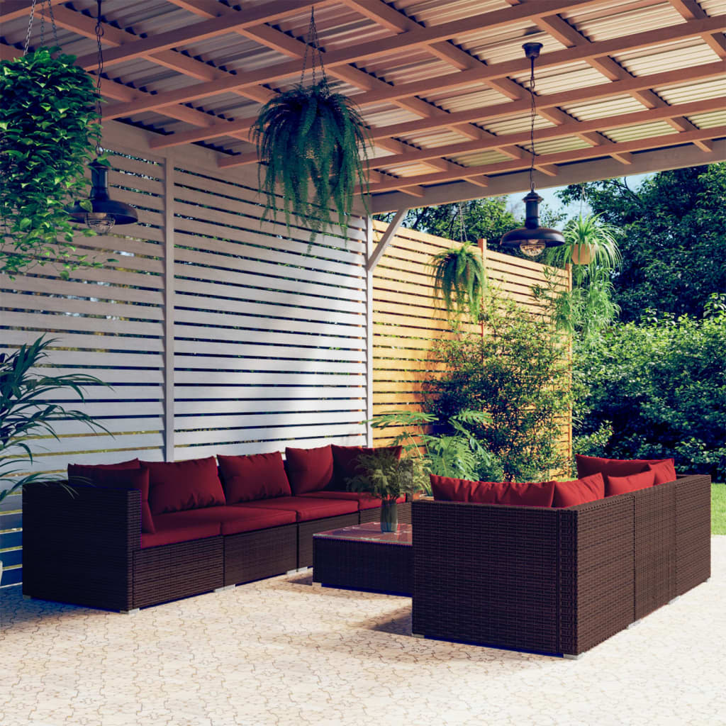 8-delige Loungeset met kussens poly rattan bruin