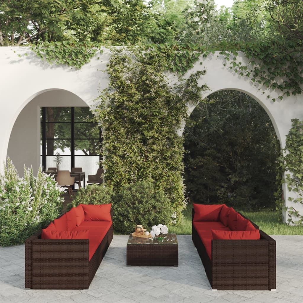 9-delige Loungeset met kussens poly rattan bruin – afbeelding 1