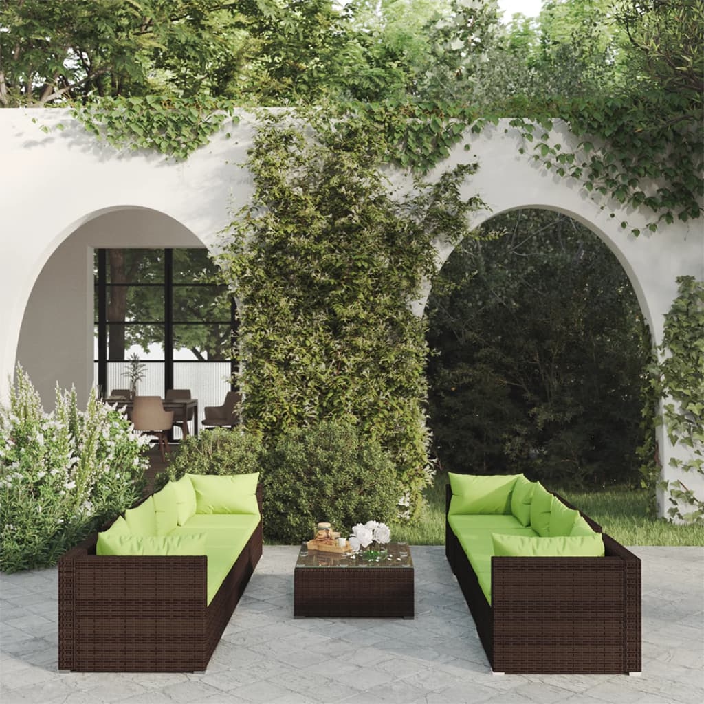9-delige Loungeset met kussens poly rattan bruin