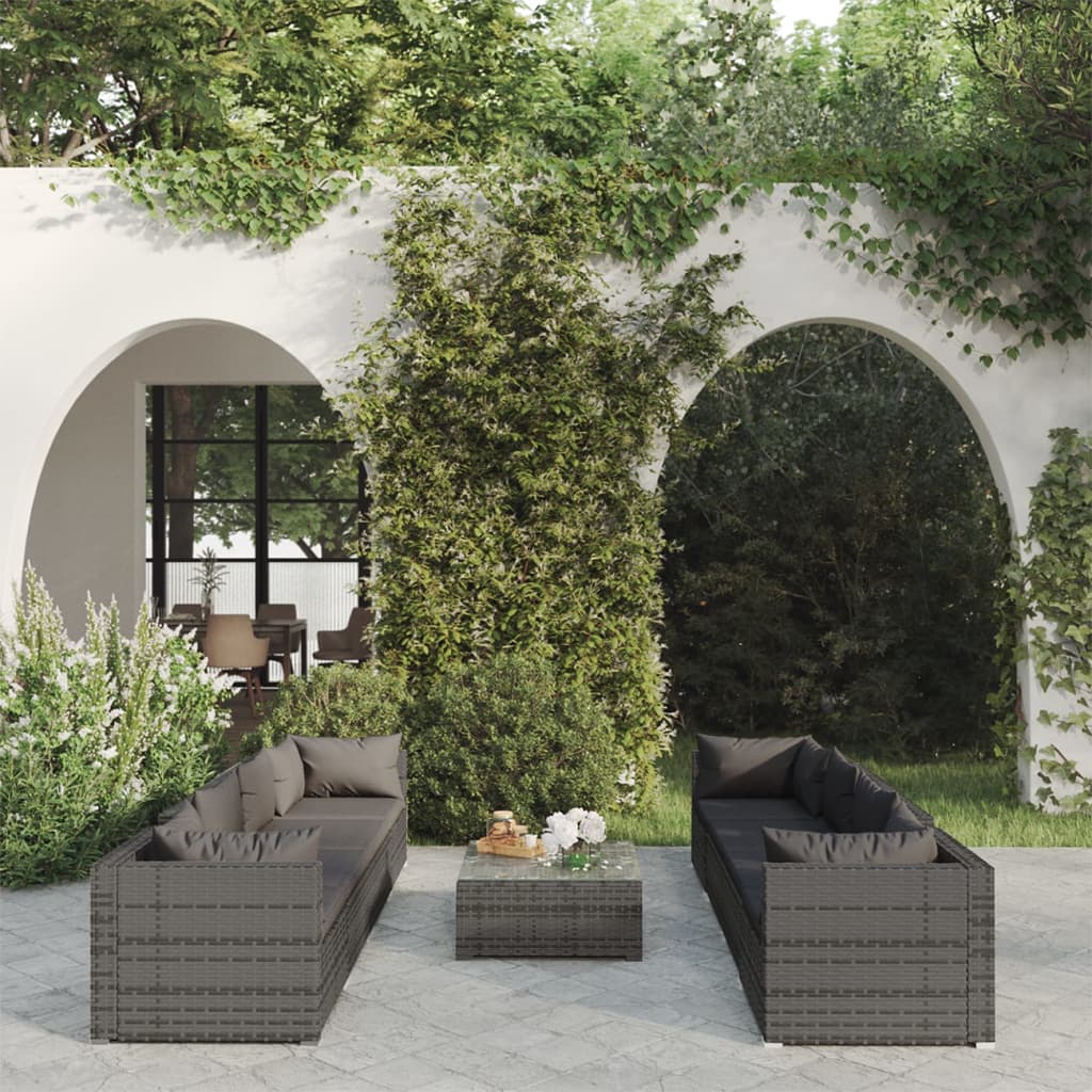 9-delige Loungeset met kussens poly rattan grijs – afbeelding 1