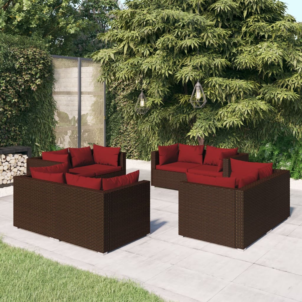 8-delige Loungeset met kussens poly rattan bruin – afbeelding 1