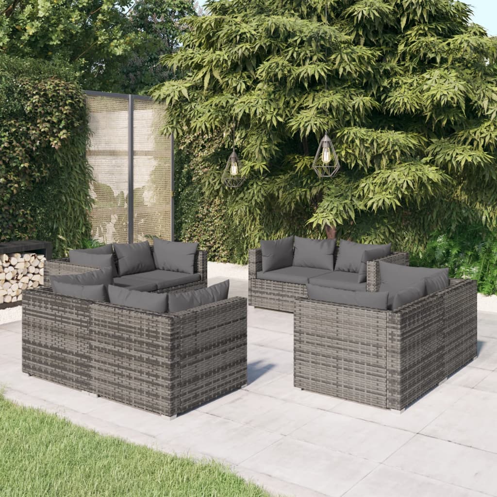 8-delige Loungeset met kussens poly rattan grijs – afbeelding 1