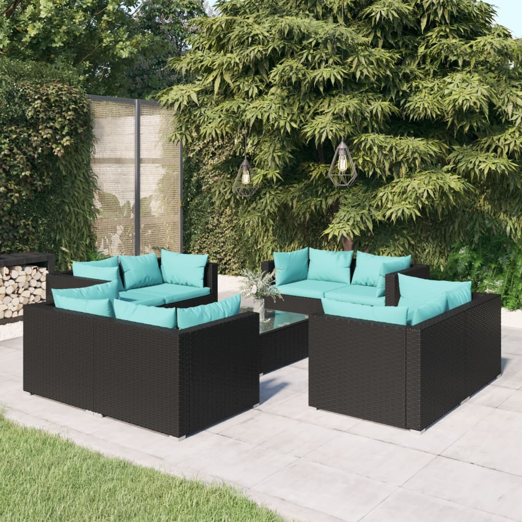 9-delige Loungeset met kussens poly rattan zwart – afbeelding 1