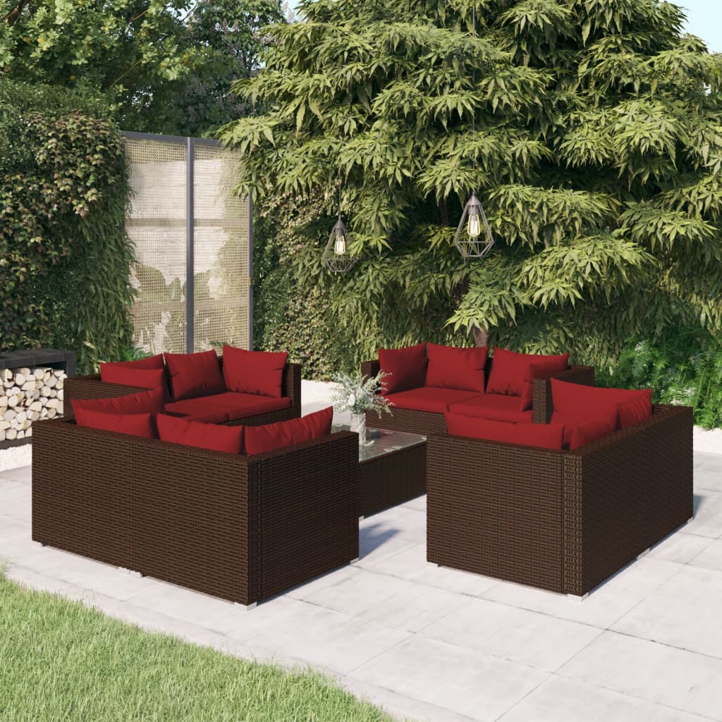 9-delige Loungeset met kussens poly rattan bruin – afbeelding 1