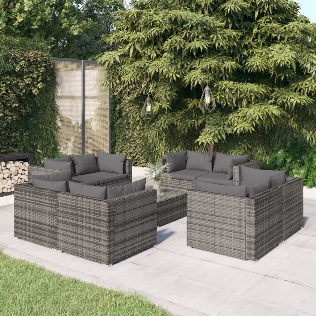 9-delige Loungeset met kussens poly rattan grijs – afbeelding 1