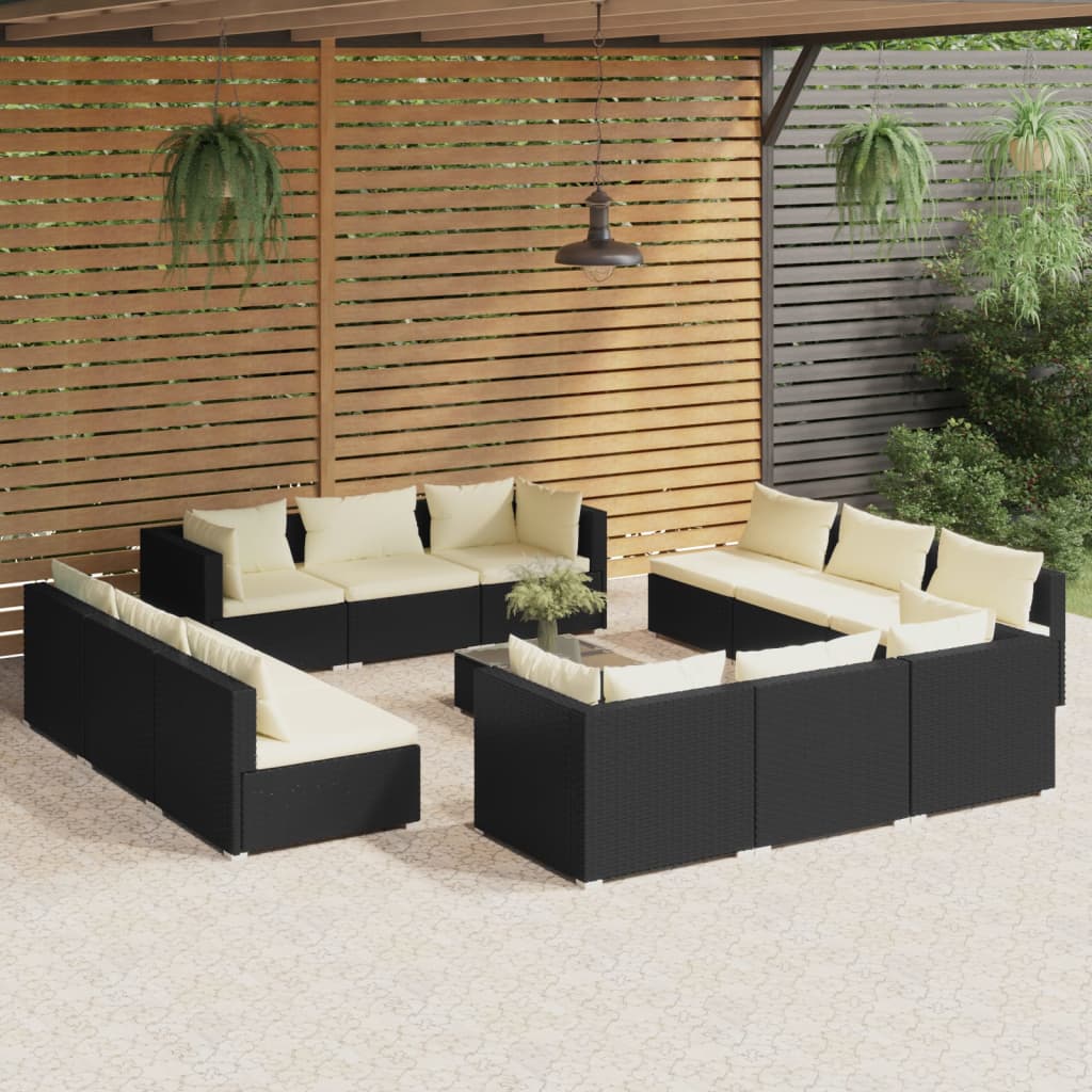13-delige Loungeset met kussens poly rattan zwart – afbeelding 1