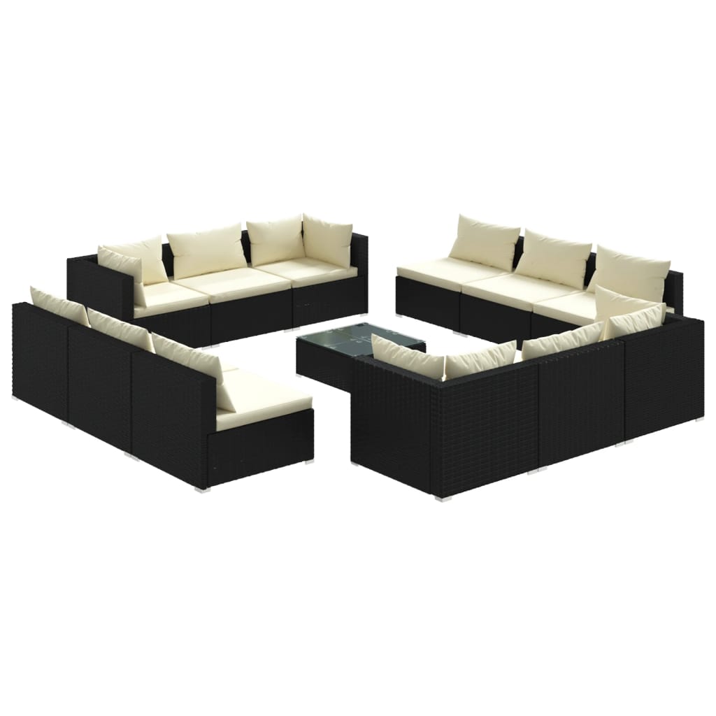 13-delige Loungeset met kussens poly rattan zwart – afbeelding 2