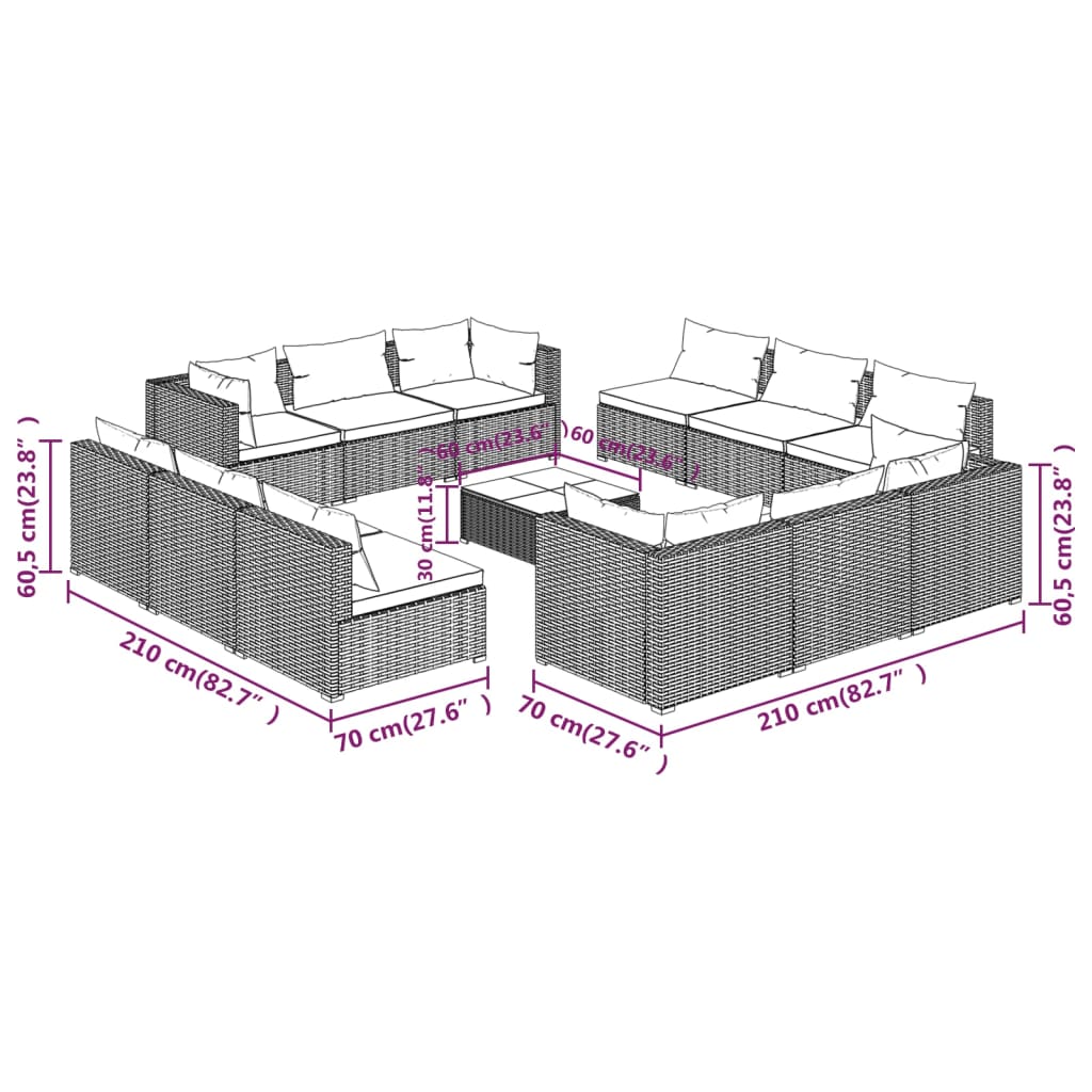 13-delige Loungeset met kussens poly rattan zwart – afbeelding 9