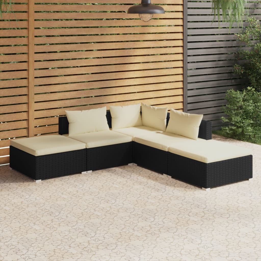 5-delige Loungeset met kussens poly rattan zwart – afbeelding 1