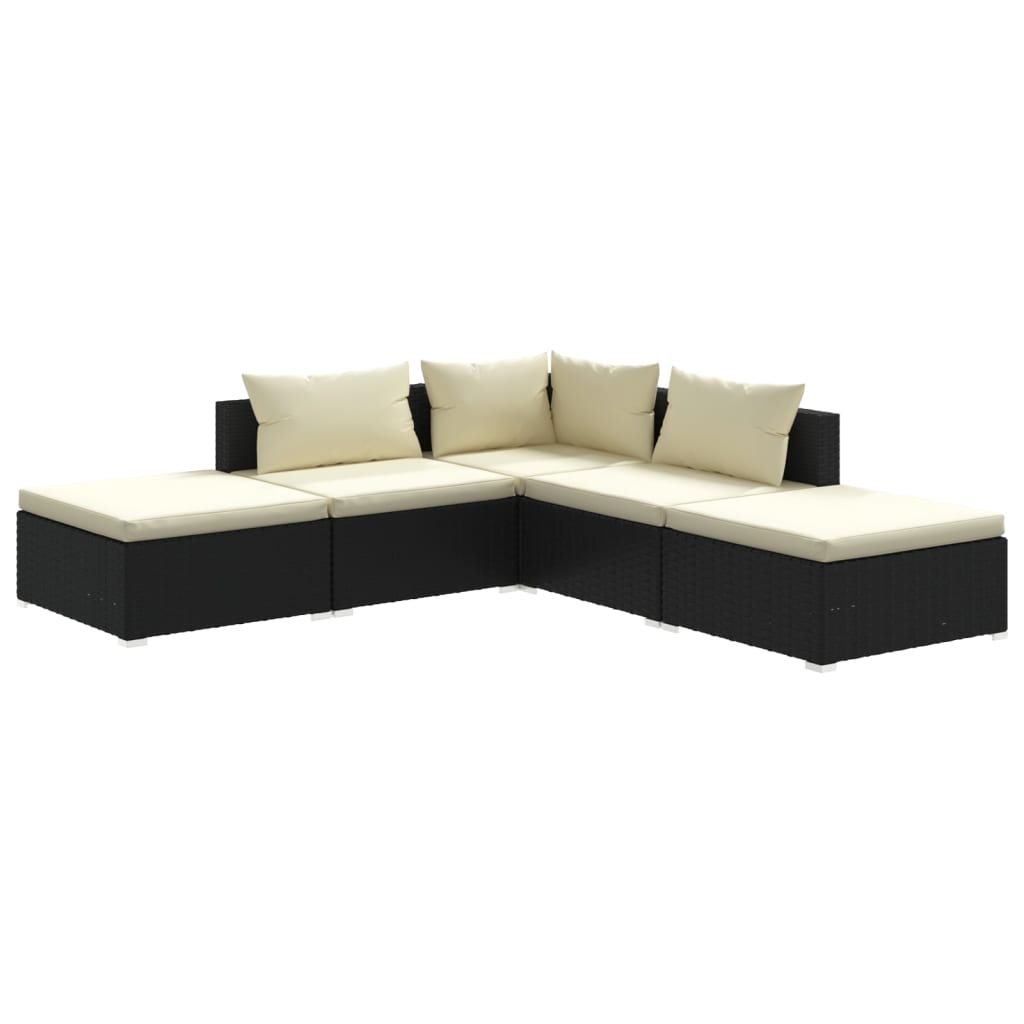 5-delige Loungeset met kussens poly rattan zwart – afbeelding 2