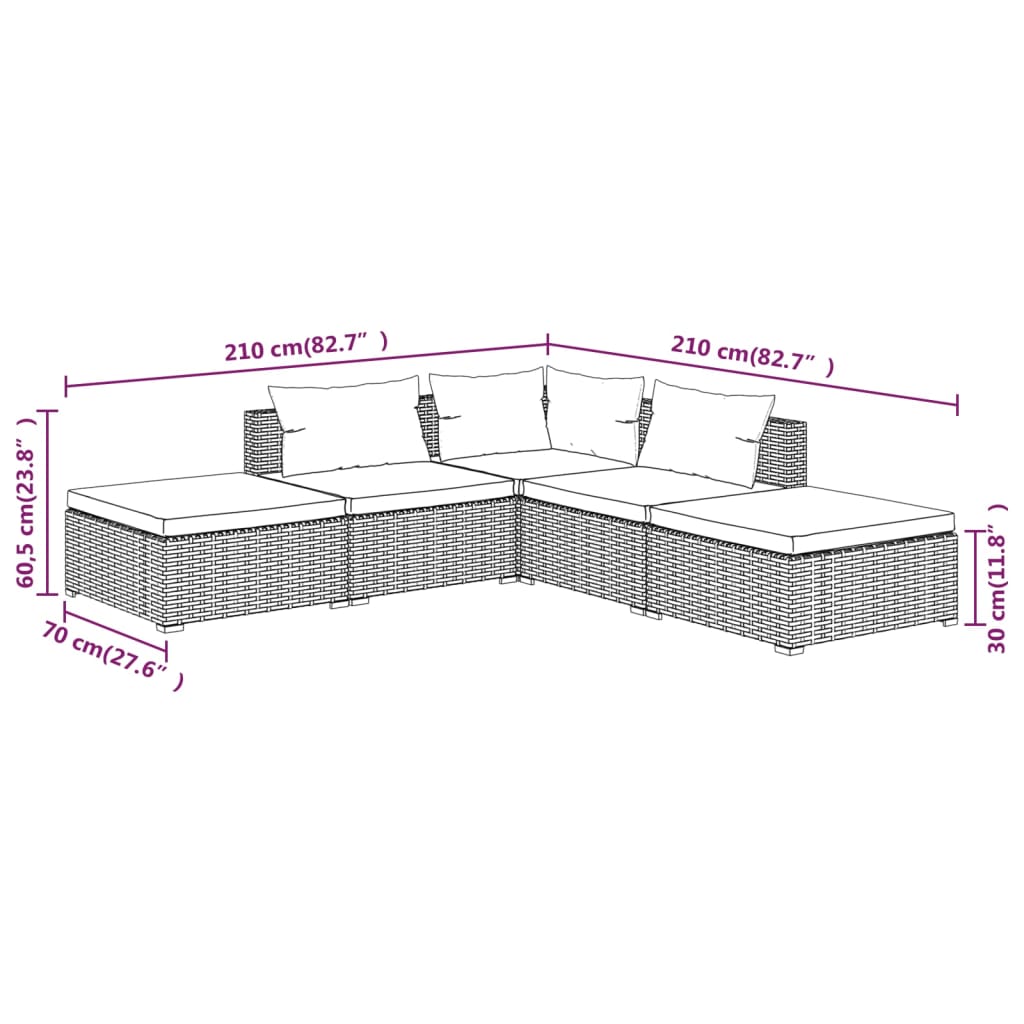 5-delige Loungeset met kussens poly rattan zwart – afbeelding 6