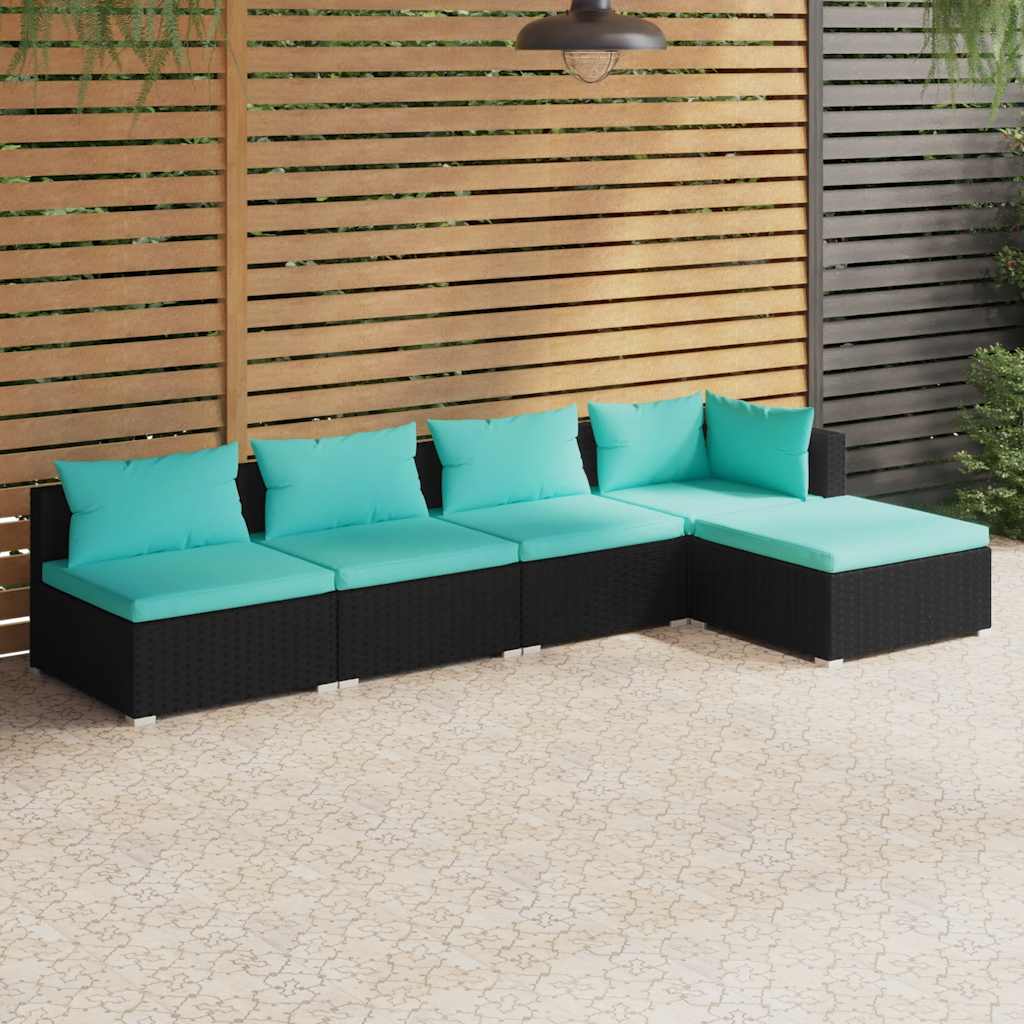 5-delige Loungeset met kussens poly rattan zwart – afbeelding 1