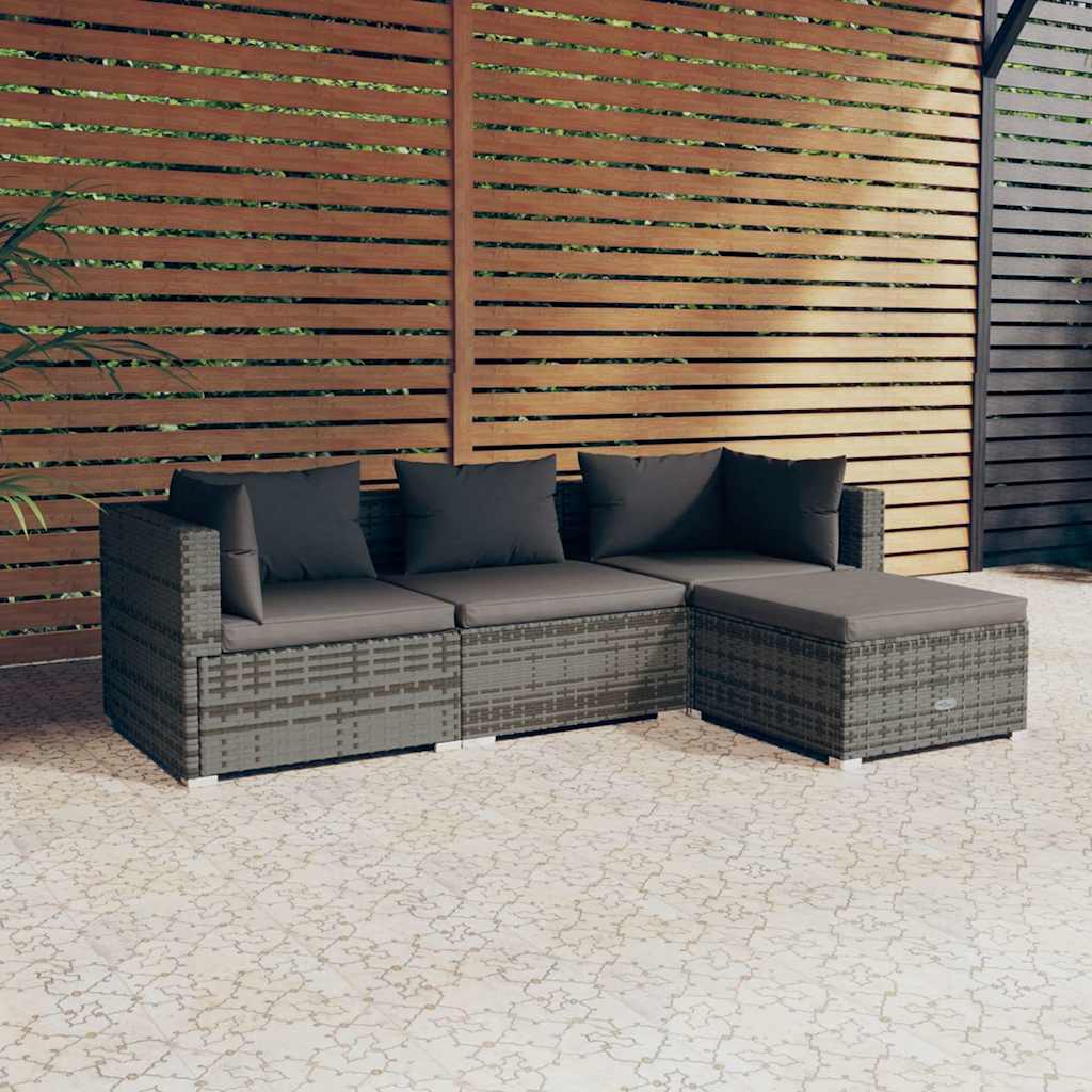 4-delige Loungeset met kussens poly rattan grijs – afbeelding 1