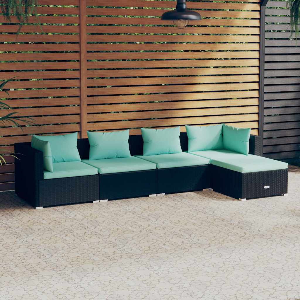 5-delige Loungeset met kussens poly rattan zwart – afbeelding 1