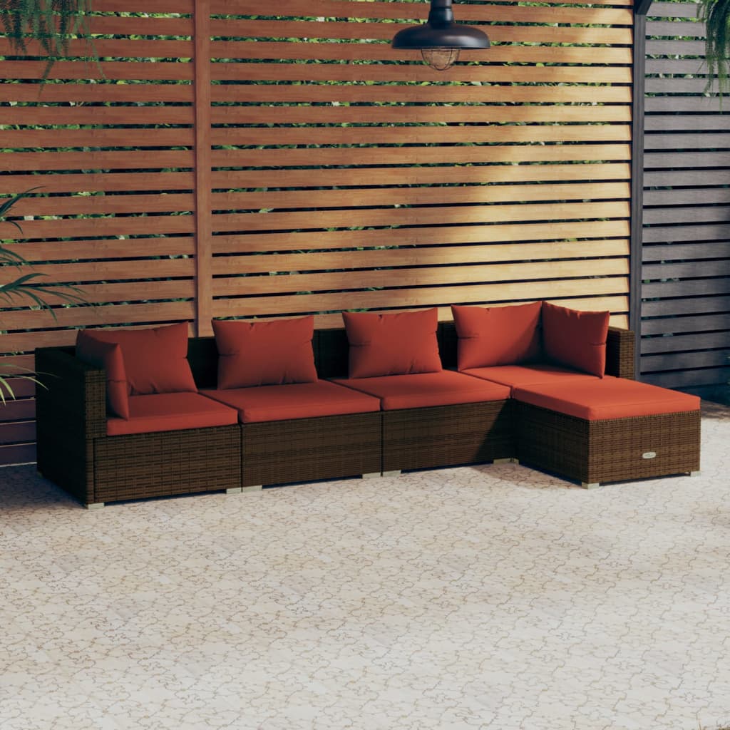 5-delige Loungeset met kussens poly rattan bruin – afbeelding 1