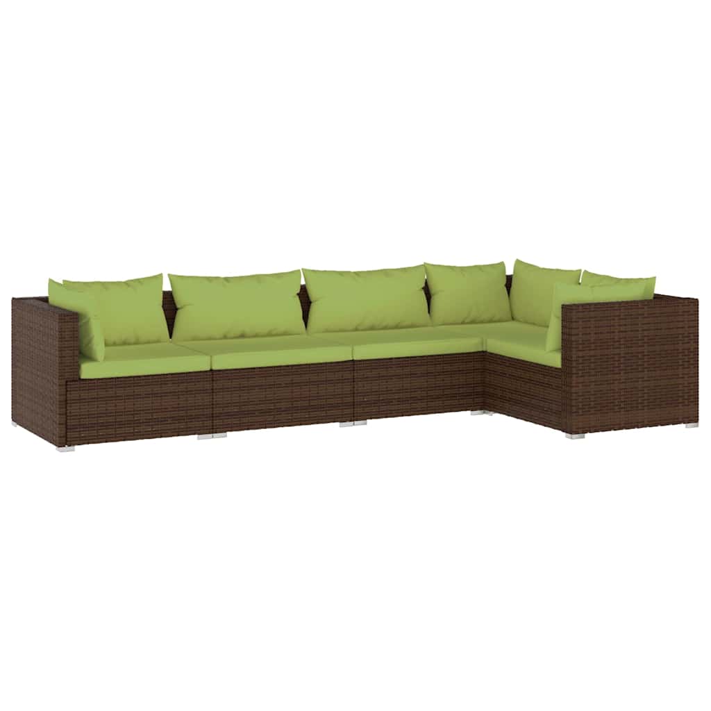 5-delige Loungeset met kussens poly rattan bruin – afbeelding 2