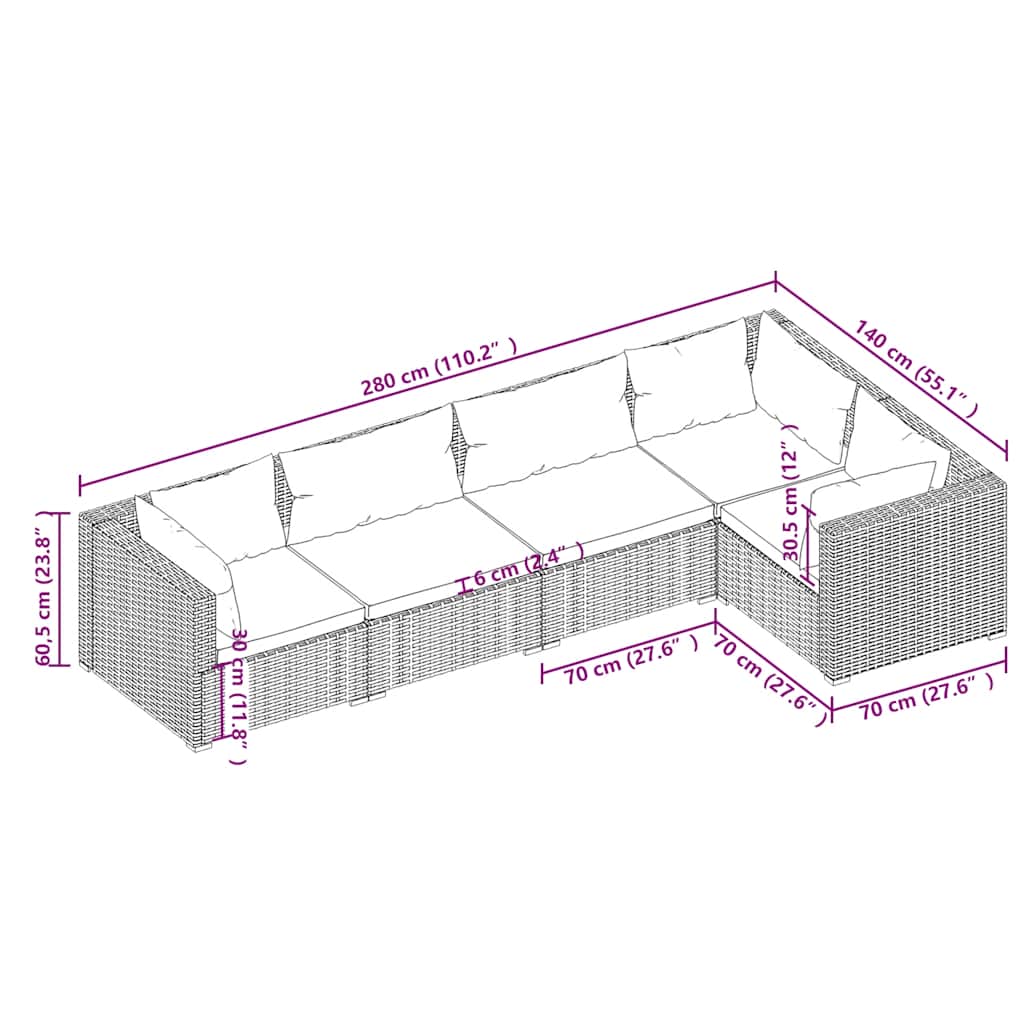 5-delige Loungeset met kussens poly rattan bruin – afbeelding 5