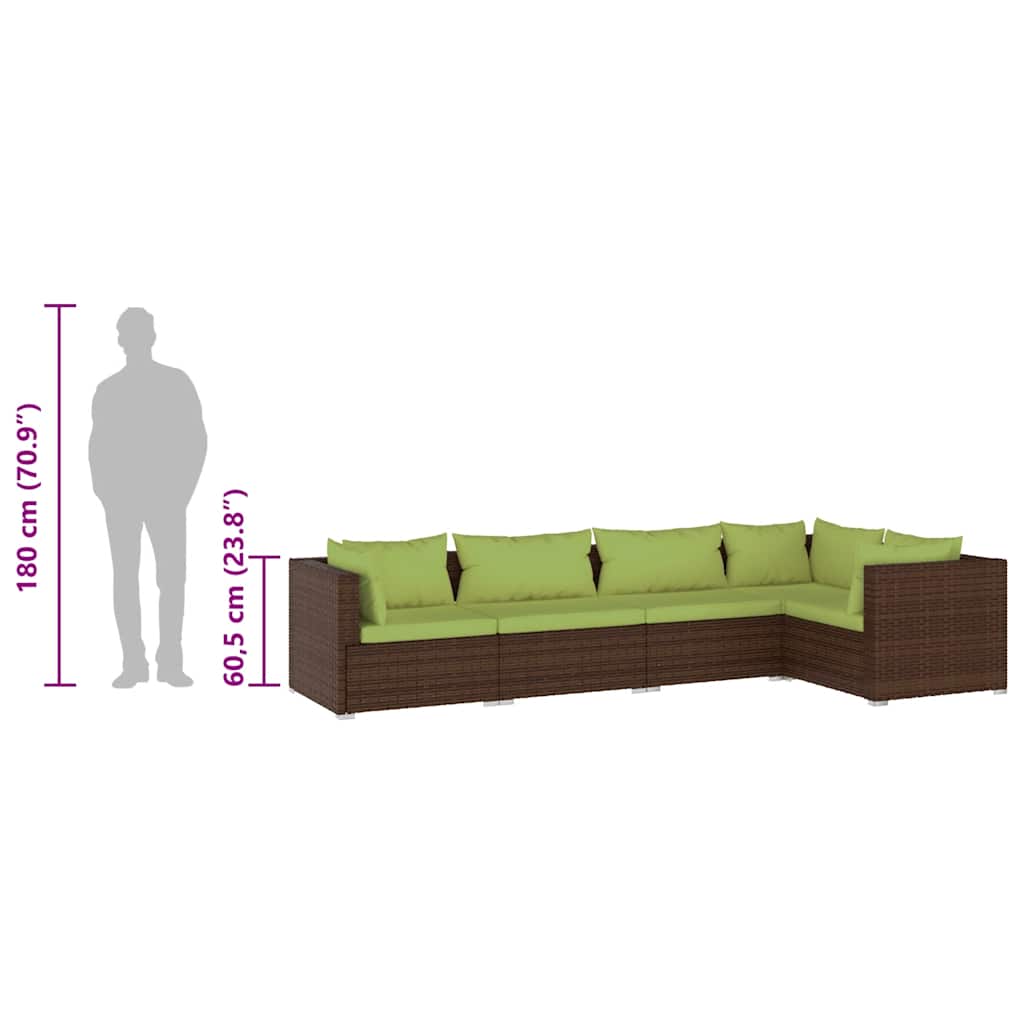 5-delige Loungeset met kussens poly rattan bruin – afbeelding 8