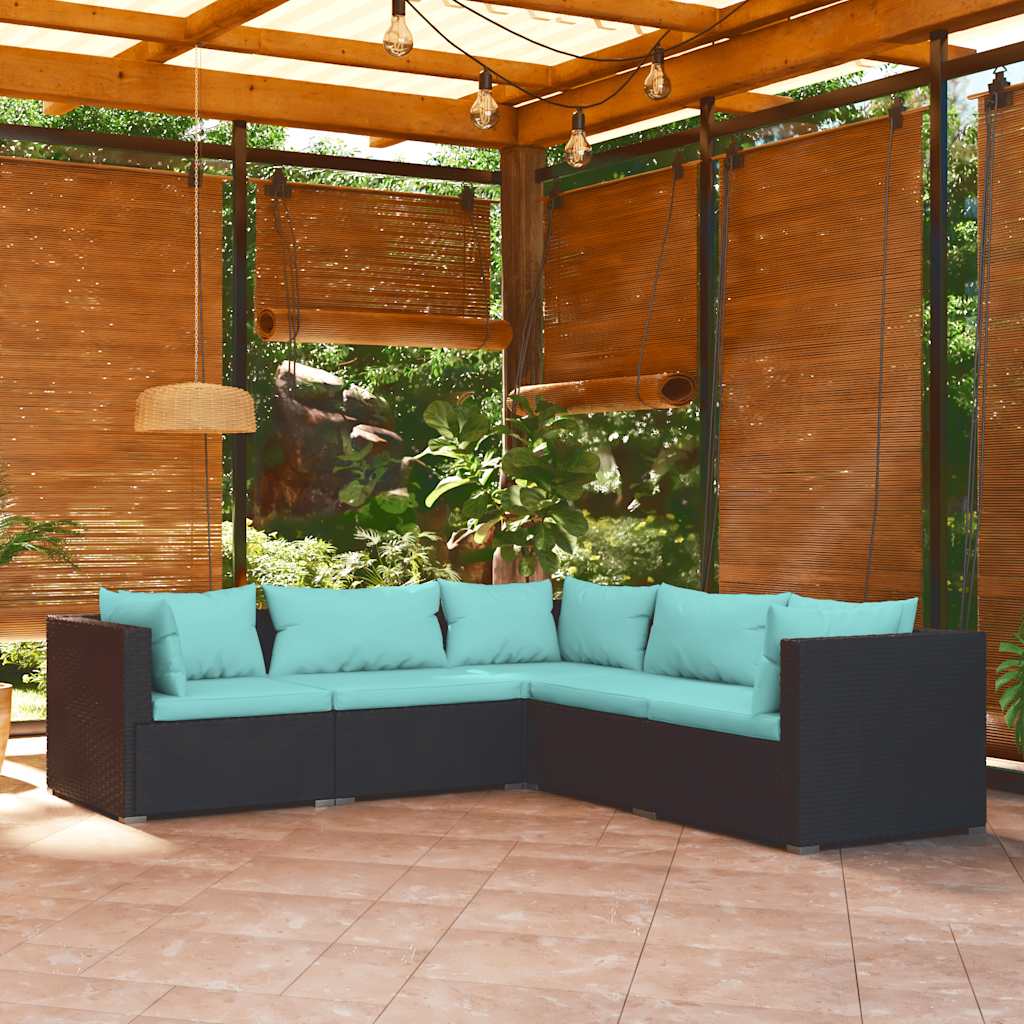 5-delige Loungeset met kussens poly rattan zwart – afbeelding 1