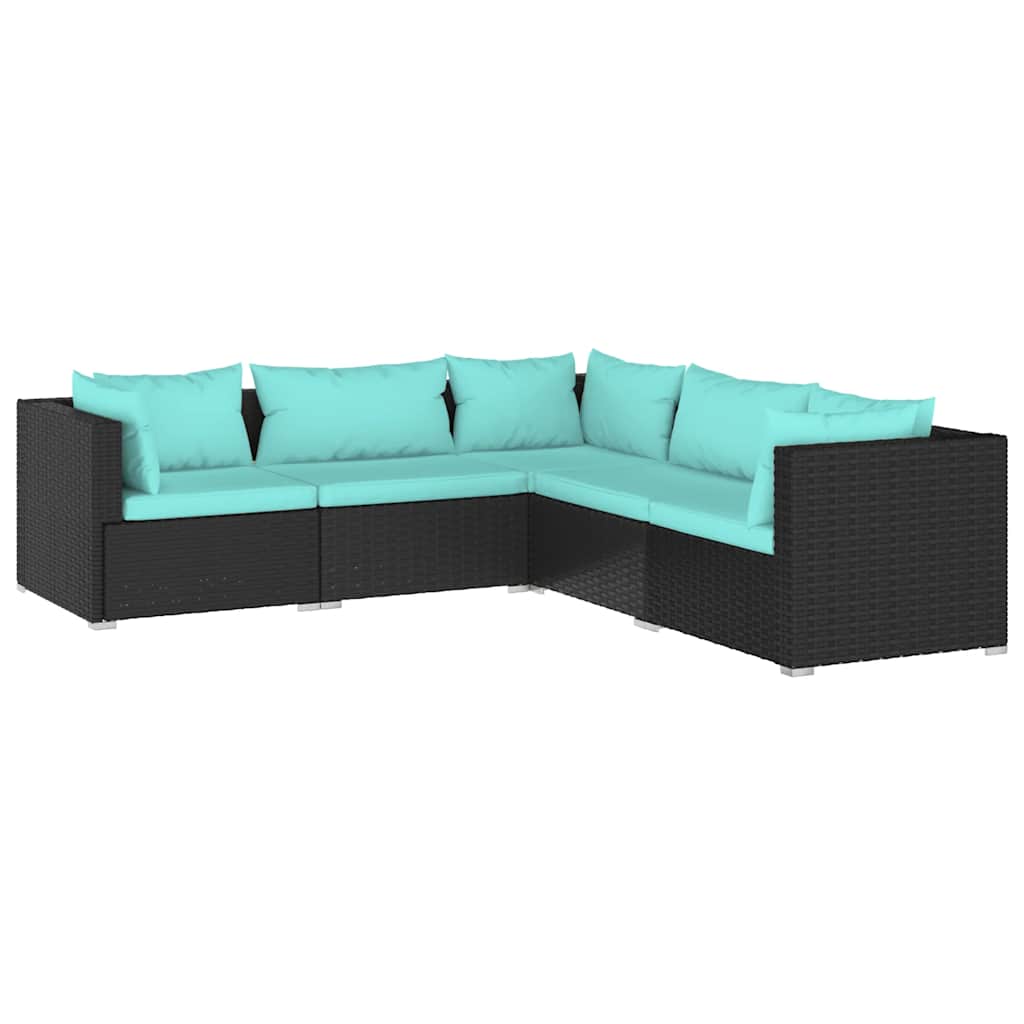 5-delige Loungeset met kussens poly rattan zwart – afbeelding 2
