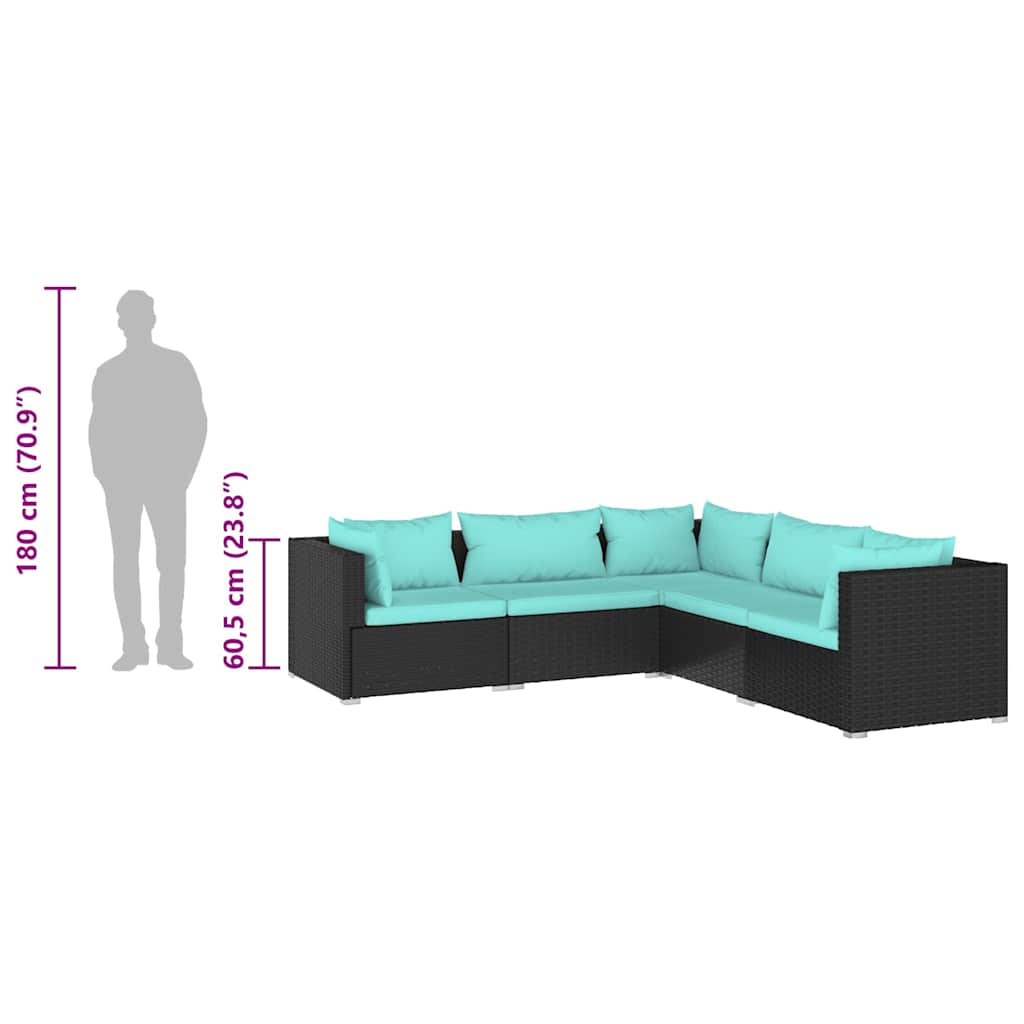 5-delige Loungeset met kussens poly rattan zwart – afbeelding 8
