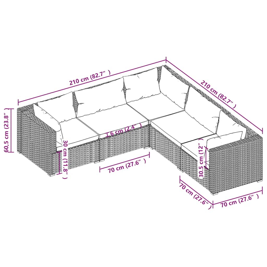 5-delige Loungeset met kussens poly rattan bruin – afbeelding 5