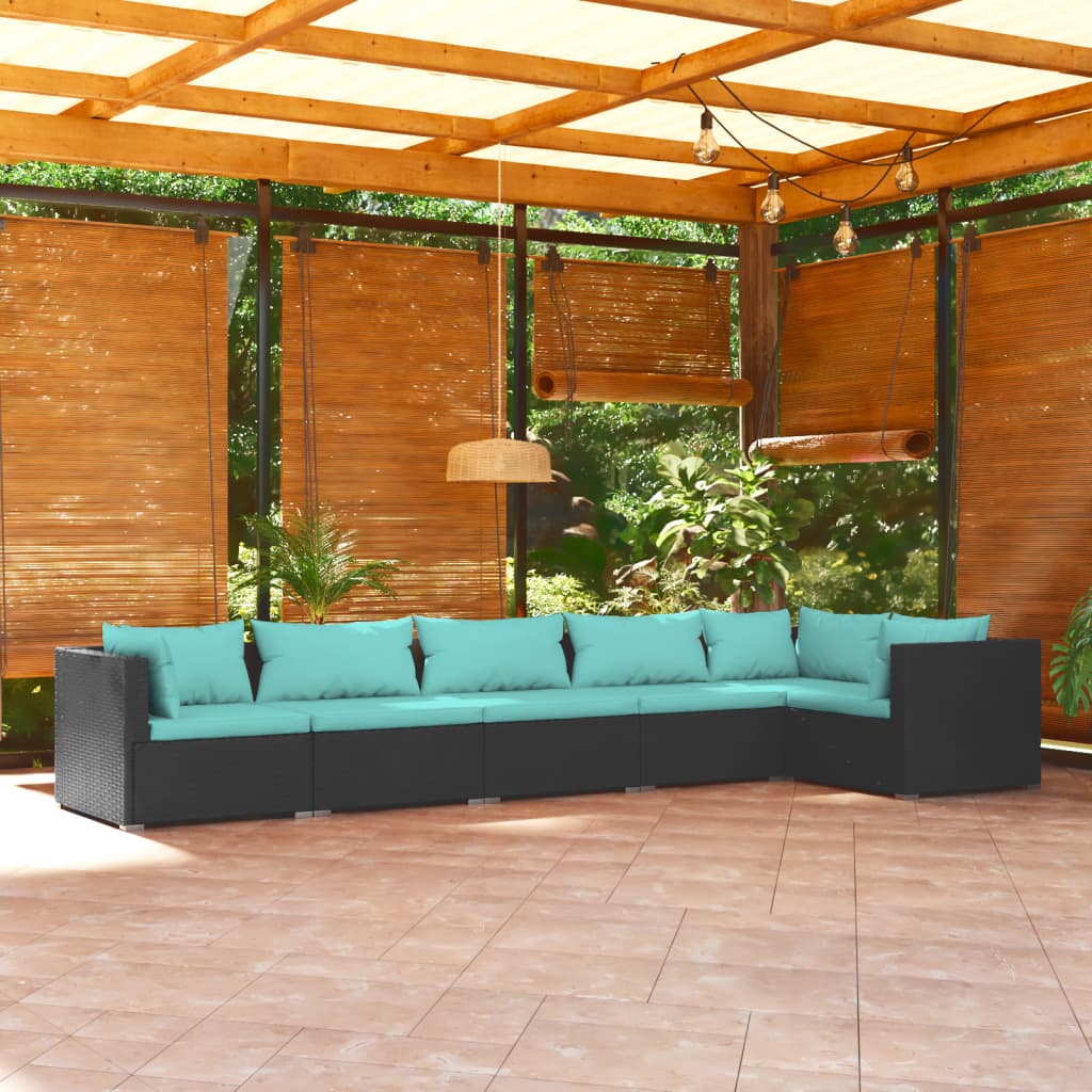 6-delige Loungeset met kussens poly rattan zwart – afbeelding 1