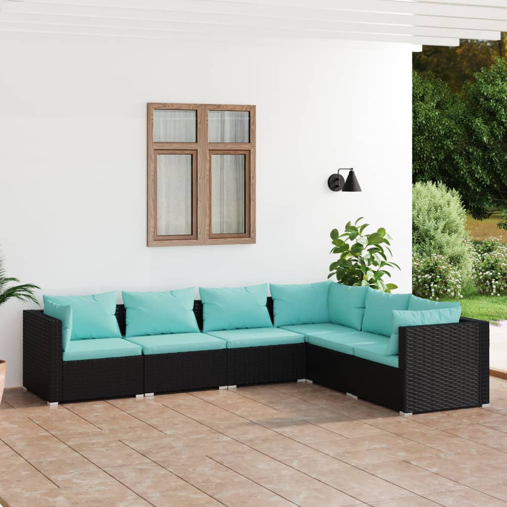 6-delige Loungeset met kussens poly rattan zwart
