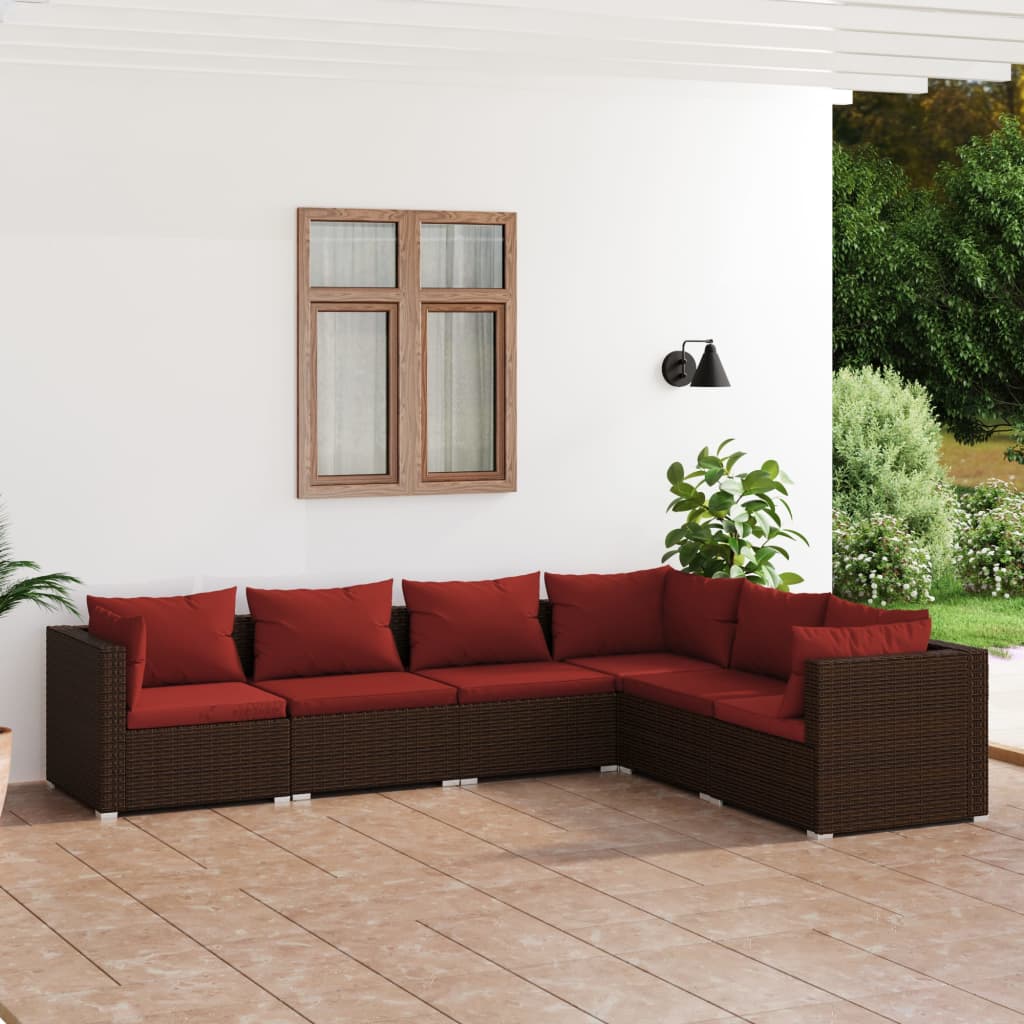 6-delige Loungeset met kussens poly rattan bruin – afbeelding 1
