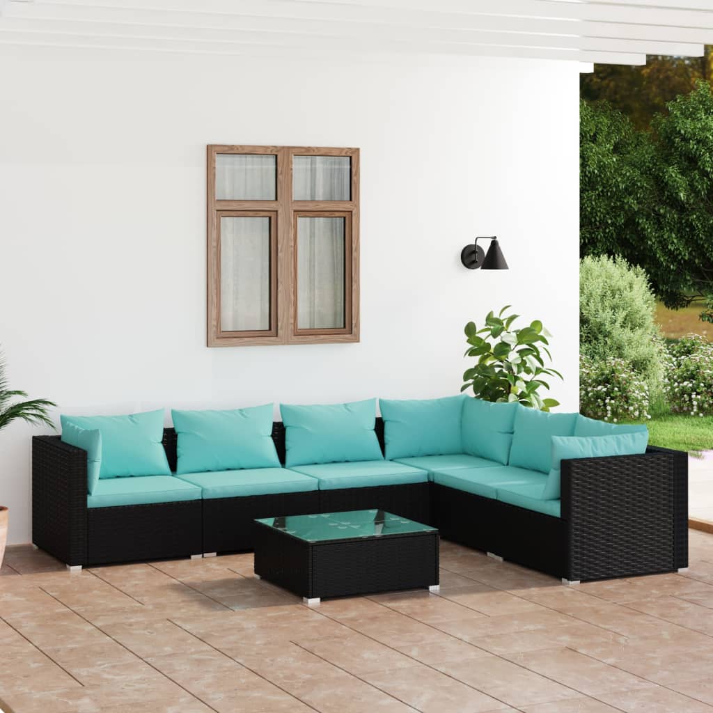 7-delige Loungeset met kussens poly rattan zwart – afbeelding 1