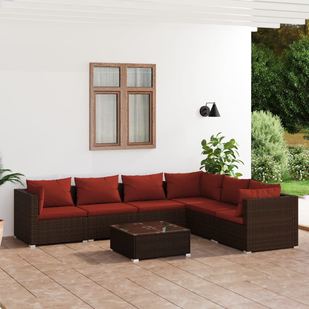 7-delige Loungeset met kussens poly rattan bruin – afbeelding 1