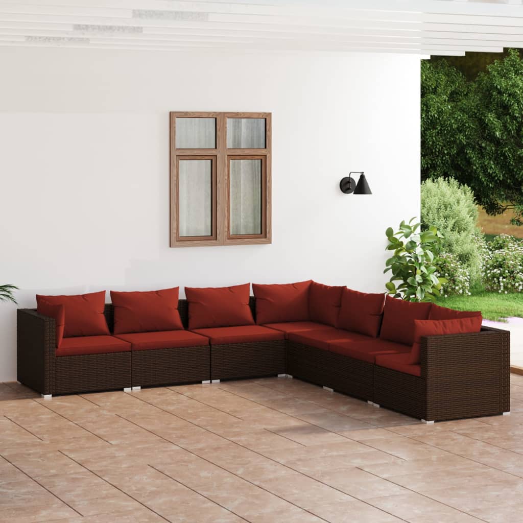7-delige Loungeset met kussens poly rattan bruin – afbeelding 1