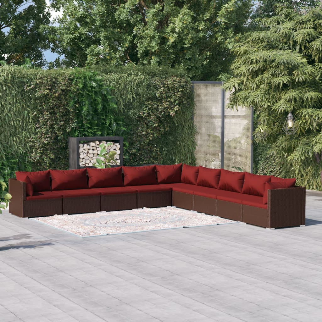 9-delige Loungeset met kussens poly rattan bruin – afbeelding 1