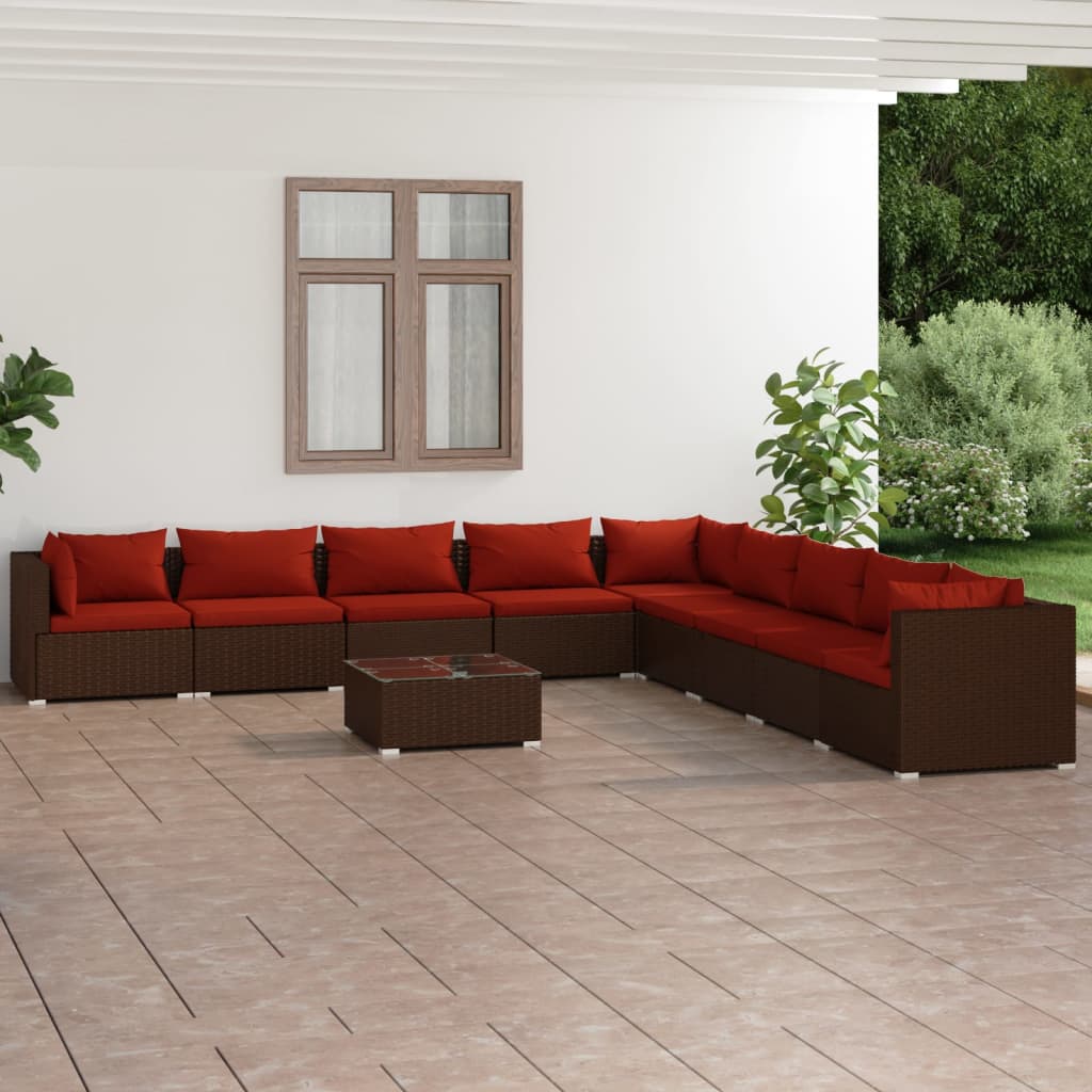 10-delige Loungeset met kussens poly rattan bruin – afbeelding 1