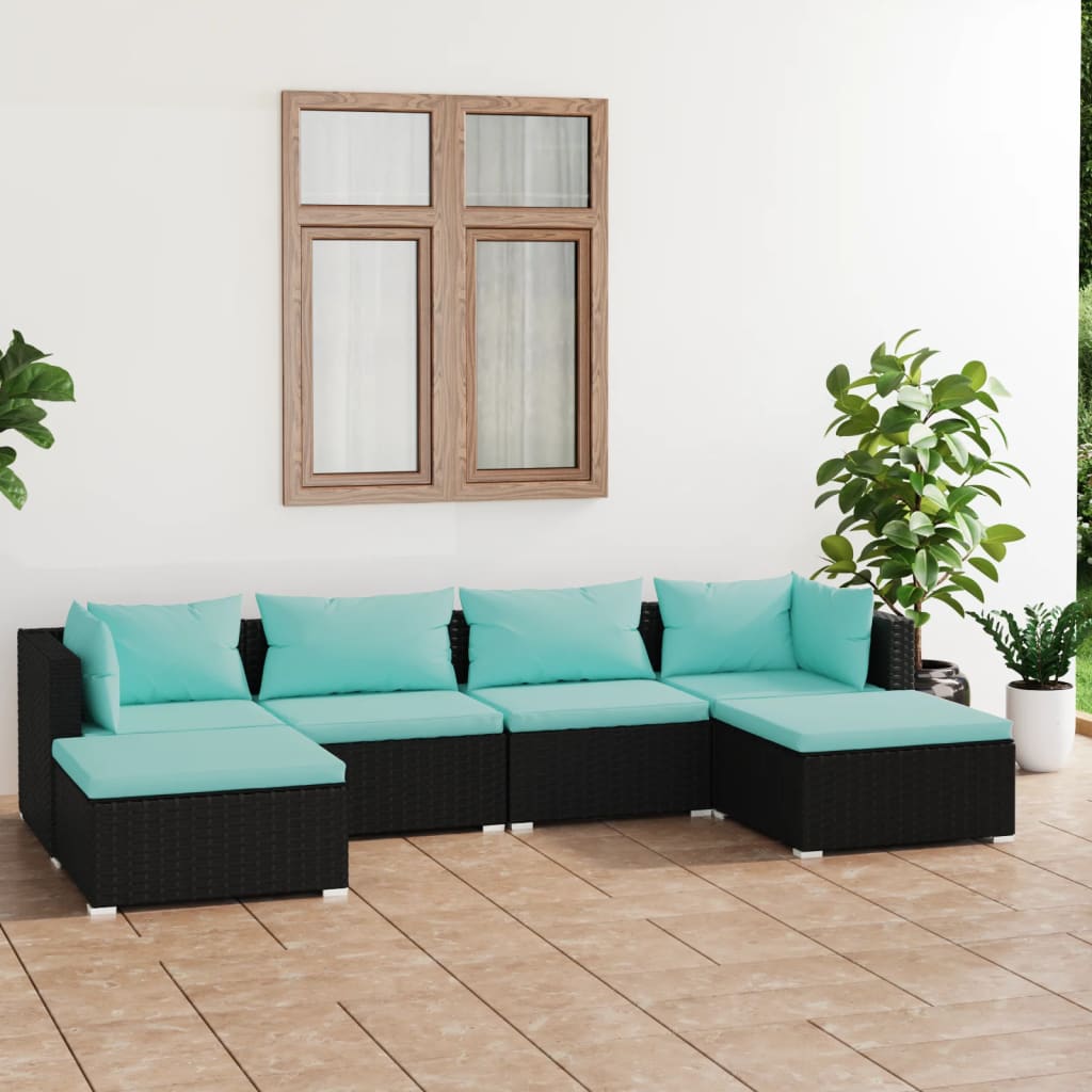 6-delige Loungeset met kussens poly rattan zwart – afbeelding 1