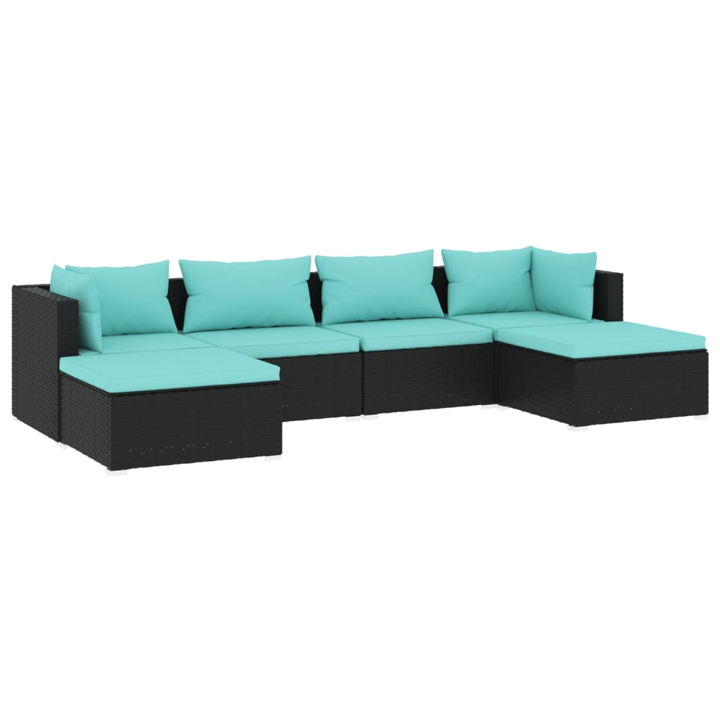 6-delige Loungeset met kussens poly rattan zwart – afbeelding 2