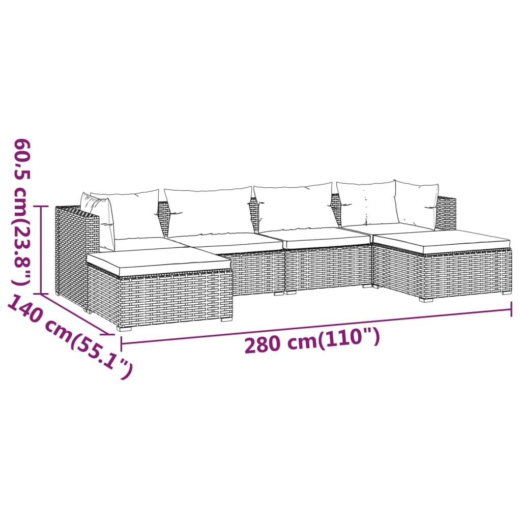 6-delige Loungeset met kussens poly rattan zwart – afbeelding 9