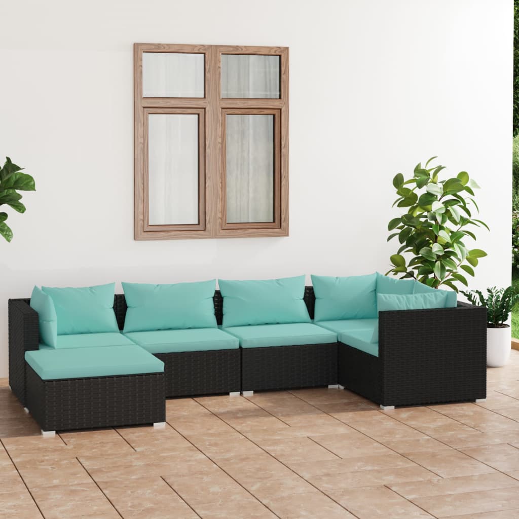 6-delige Loungeset met kussens poly rattan zwart – afbeelding 1