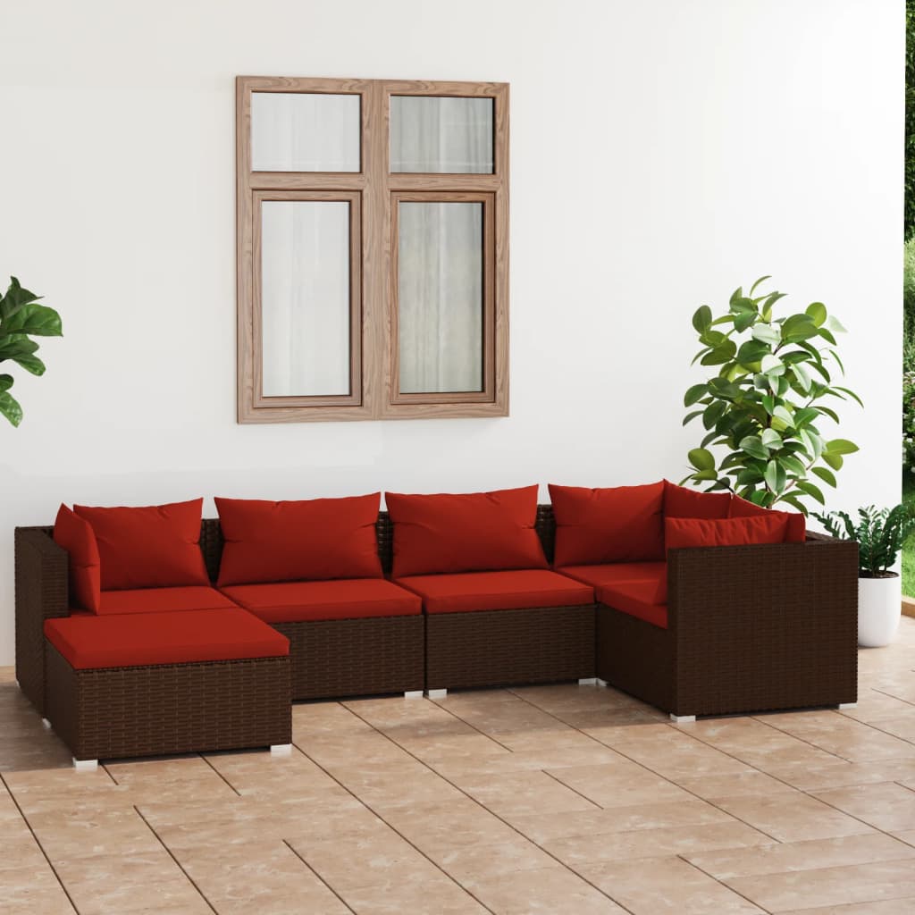6-delige Loungeset met kussens poly rattan bruin
