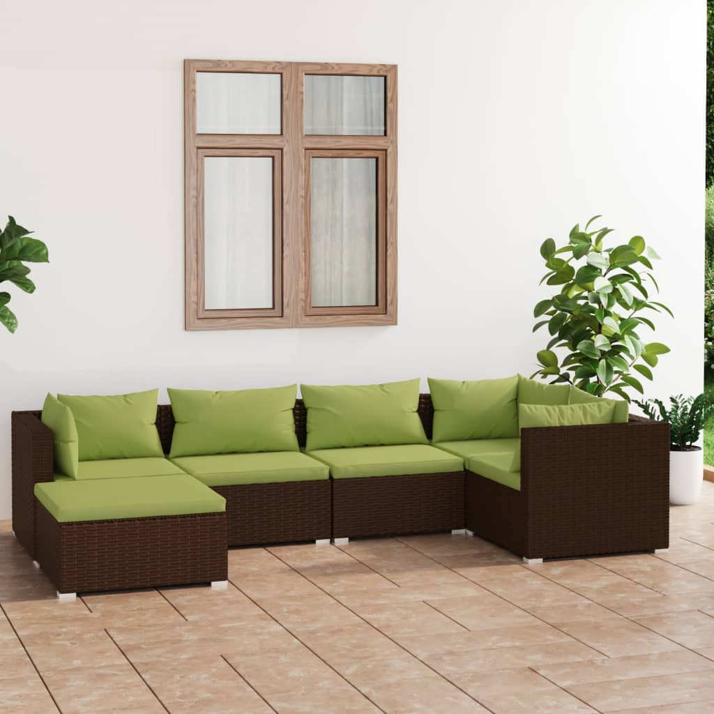 6-delige Loungeset met kussens poly rattan bruin