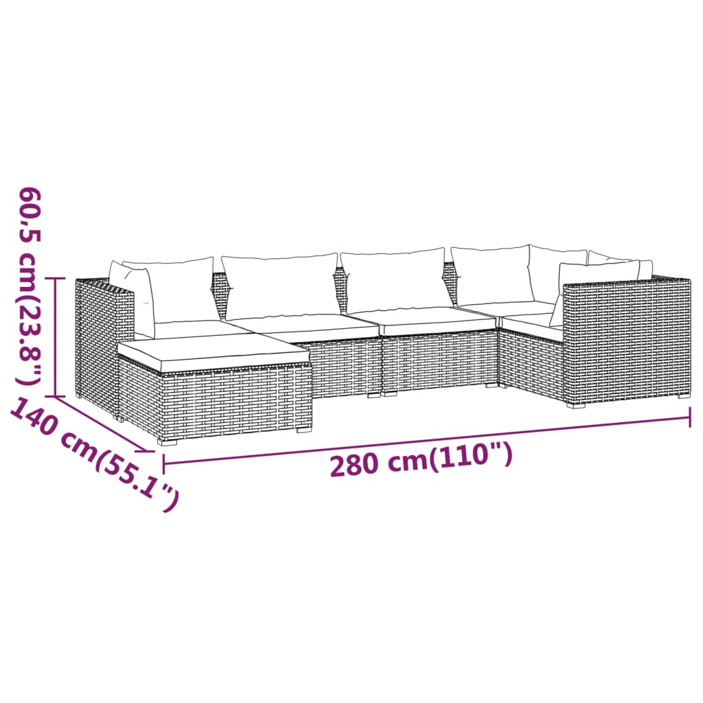 6-delige Loungeset met kussens poly rattan grijs – afbeelding 9