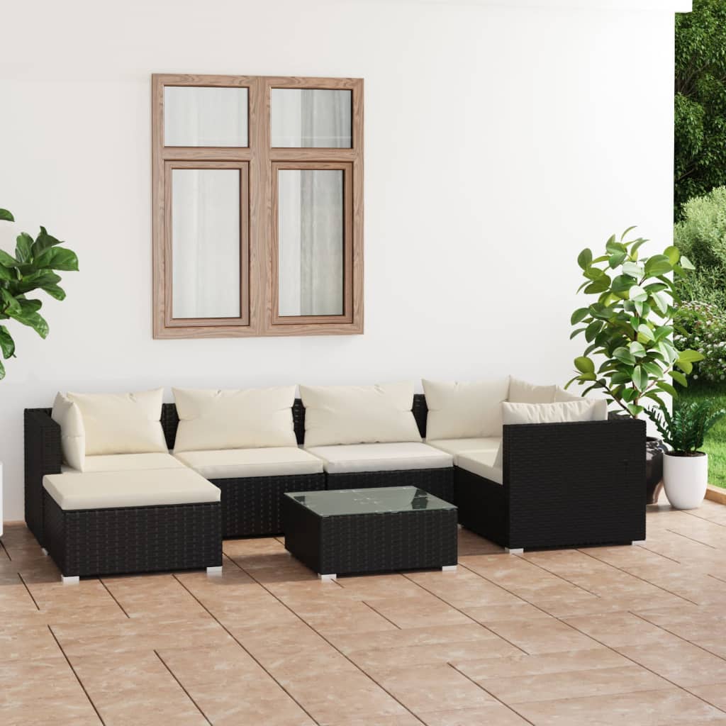 7-delige Loungeset met kussens poly rattan zwart – afbeelding 1
