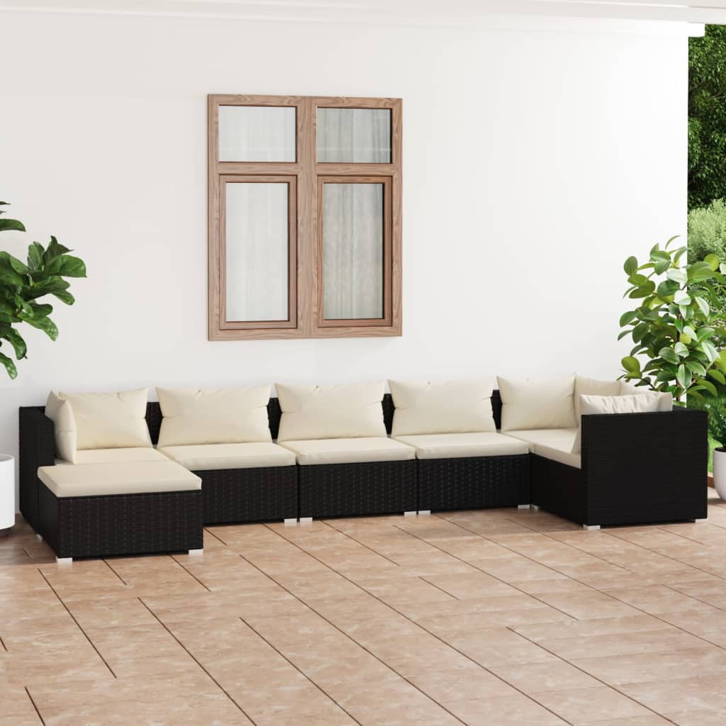 7-delige Loungeset met kussens poly rattan zwart – afbeelding 1